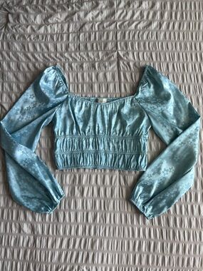 Altar'd State Blue Satin Floral Puff Sleeve Crop Top (M)